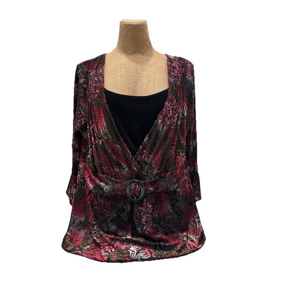 Notations Tops - Notations Velvet Burnout Blouse 1X Black Red Paisley Buckle Detail | Holiday Top